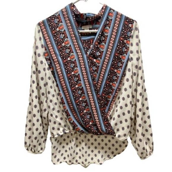 Xhilaration Wrap Front Blouse Women's XS Paisley Long Sleeve V-Neck Boho Top EUC - Picture 1 of 6